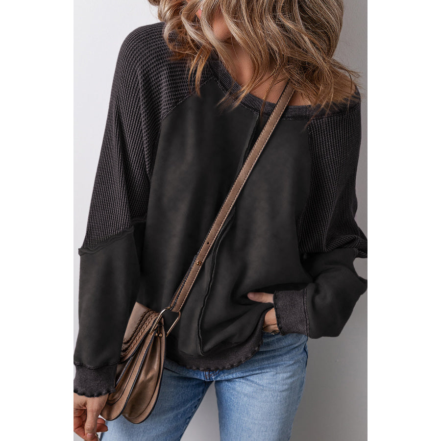 Mineral Blue Solid Waffle Knit Patchwork Raglan Sleeve Sweatshirt Black / S / 50% Polyester + 50% Cotton Tops/Sweatshirts &amp; Hoodies