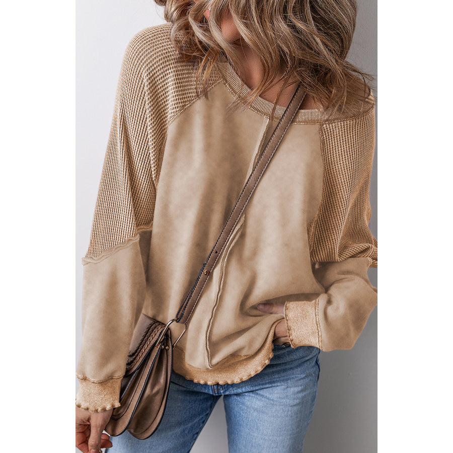 Mineral Blue Solid Waffle Knit Patchwork Raglan Sleeve Sweatshirt Light French Beige / S / 50% Polyester + 50% Cotton Tops/Sweatshirts &amp;