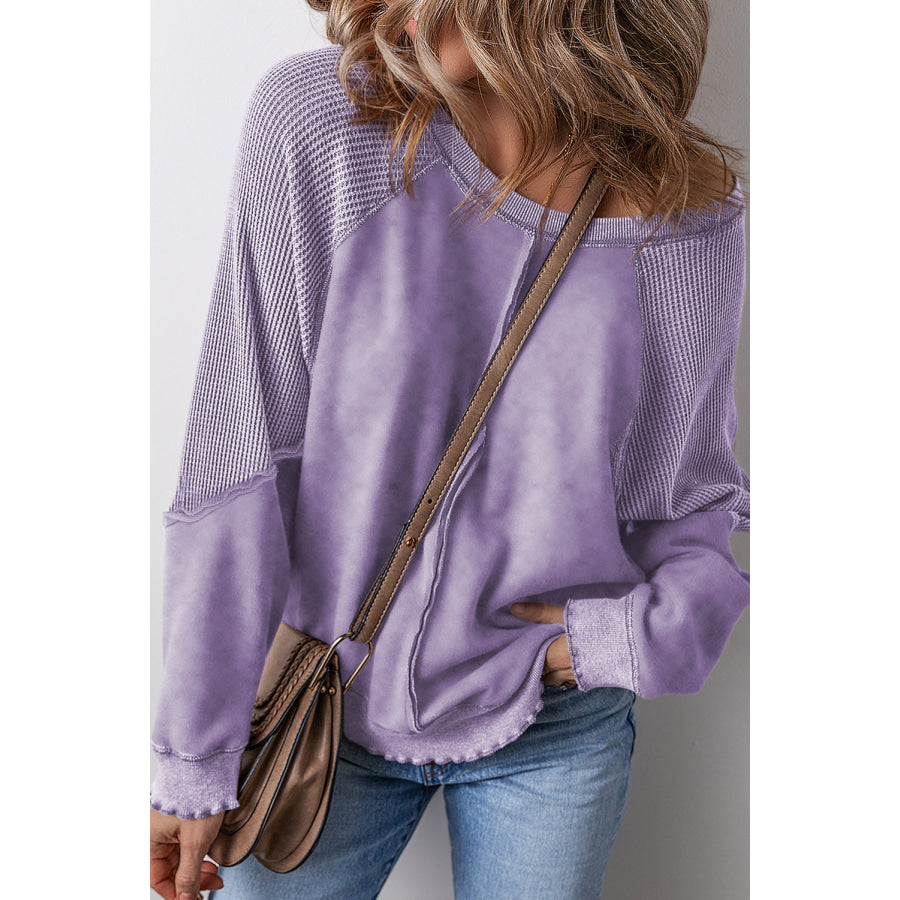 Mineral Blue Solid Waffle Knit Patchwork Raglan Sleeve Sweatshirt Orchid Petal / S / 50% Polyester + 50% Cotton Tops/Sweatshirts &amp; Hoodies