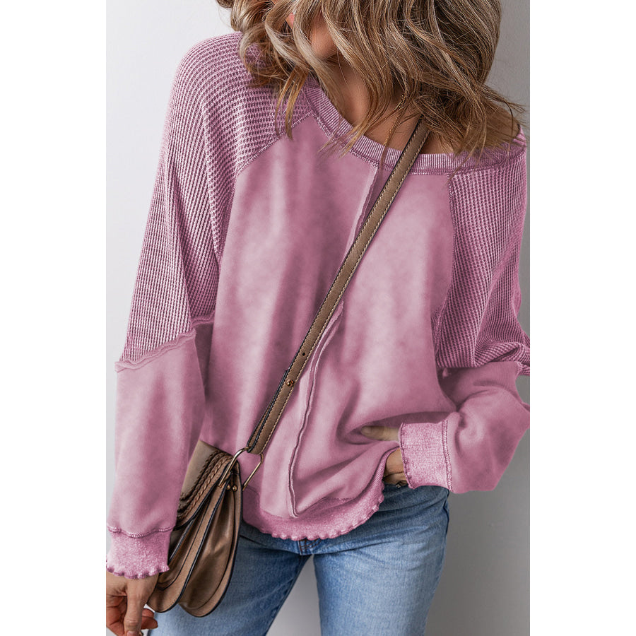 Mineral Blue Solid Waffle Knit Patchwork Raglan Sleeve Sweatshirt Pink / S / 50% Polyester + 50% Cotton Tops/Sweatshirts &amp; Hoodies