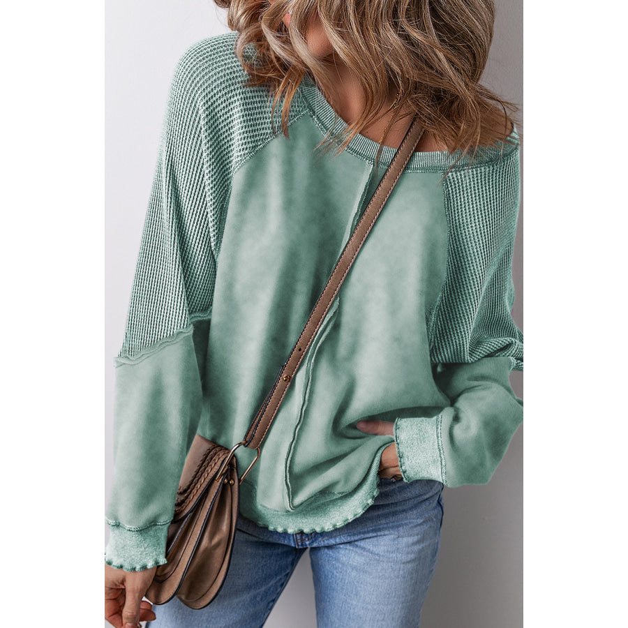 Mineral Blue Solid Waffle Knit Patchwork Raglan Sleeve Sweatshirt Mineral Blue / S / 50% Polyester + 50% Cotton Tops/Sweatshirts & Hoodies