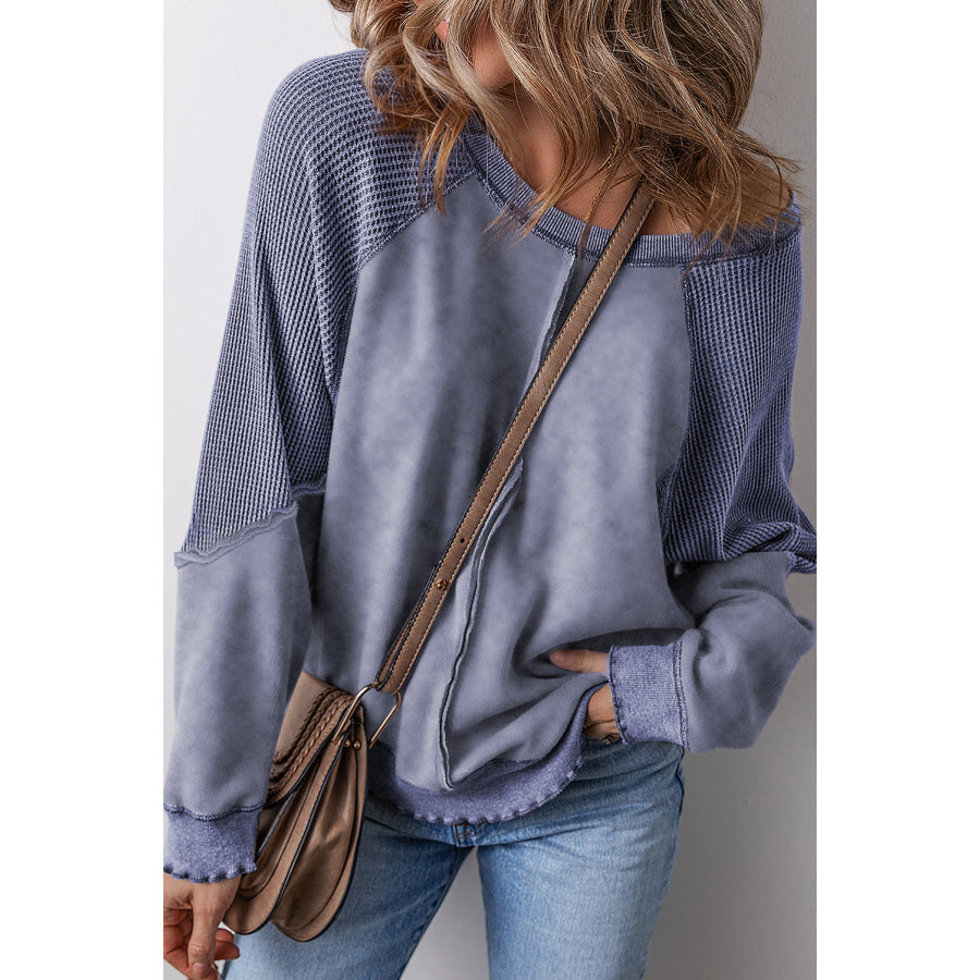 Mineral Blue Solid Waffle Knit Patchwork Raglan Sleeve Sweatshirt Sail Blue / S / 50% Polyester + 50% Cotton Tops/Sweatshirts &amp; Hoodies