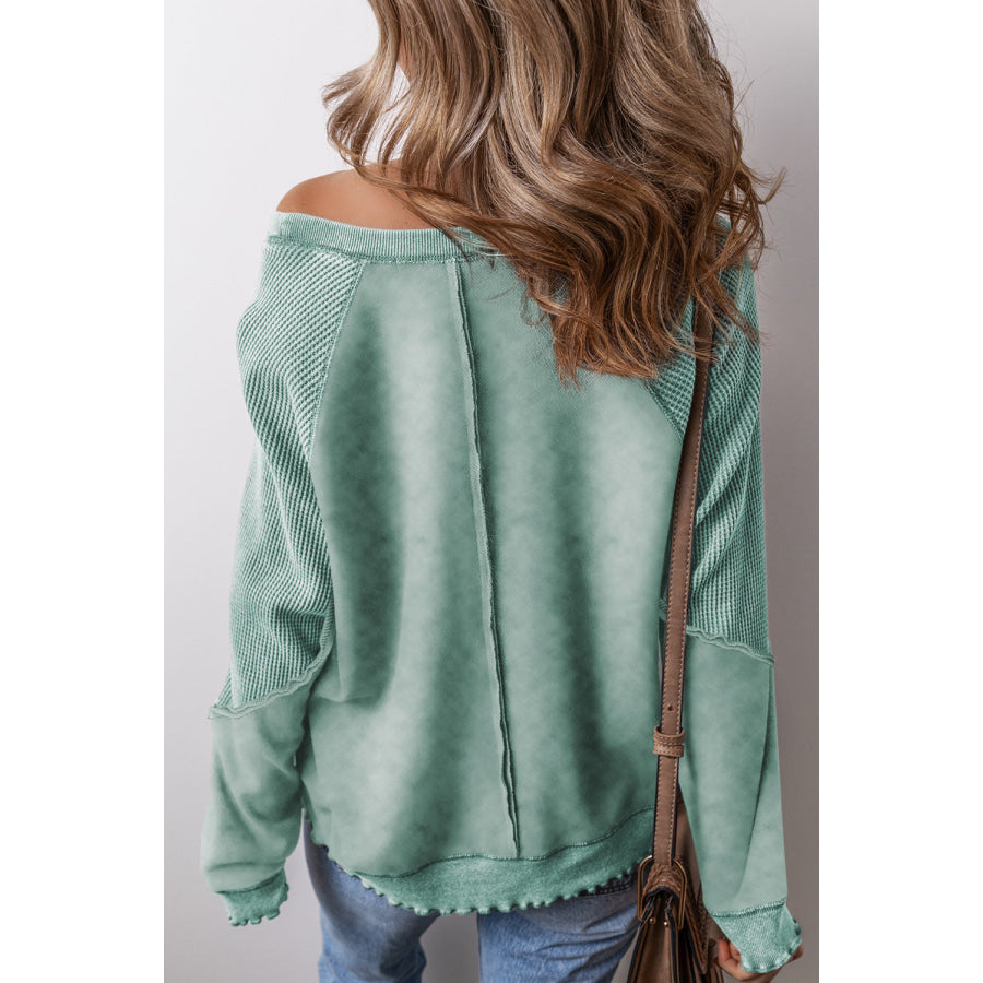 Mineral Blue Solid Waffle Knit Patchwork Raglan Sleeve Sweatshirt Mineral Blue / S / 50% Polyester + 50% Cotton Tops/Sweatshirts & Hoodies