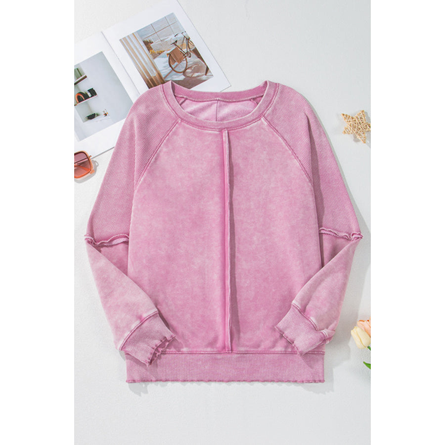 Mineral Blue Solid Waffle Knit Patchwork Raglan Sleeve Sweatshirt Tops/Sweatshirts &amp; Hoodies