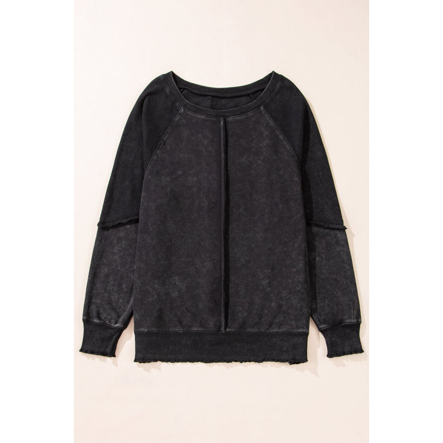 Mineral Blue Solid Waffle Knit Patchwork Raglan Sleeve Sweatshirt Tops/Sweatshirts &amp; Hoodies