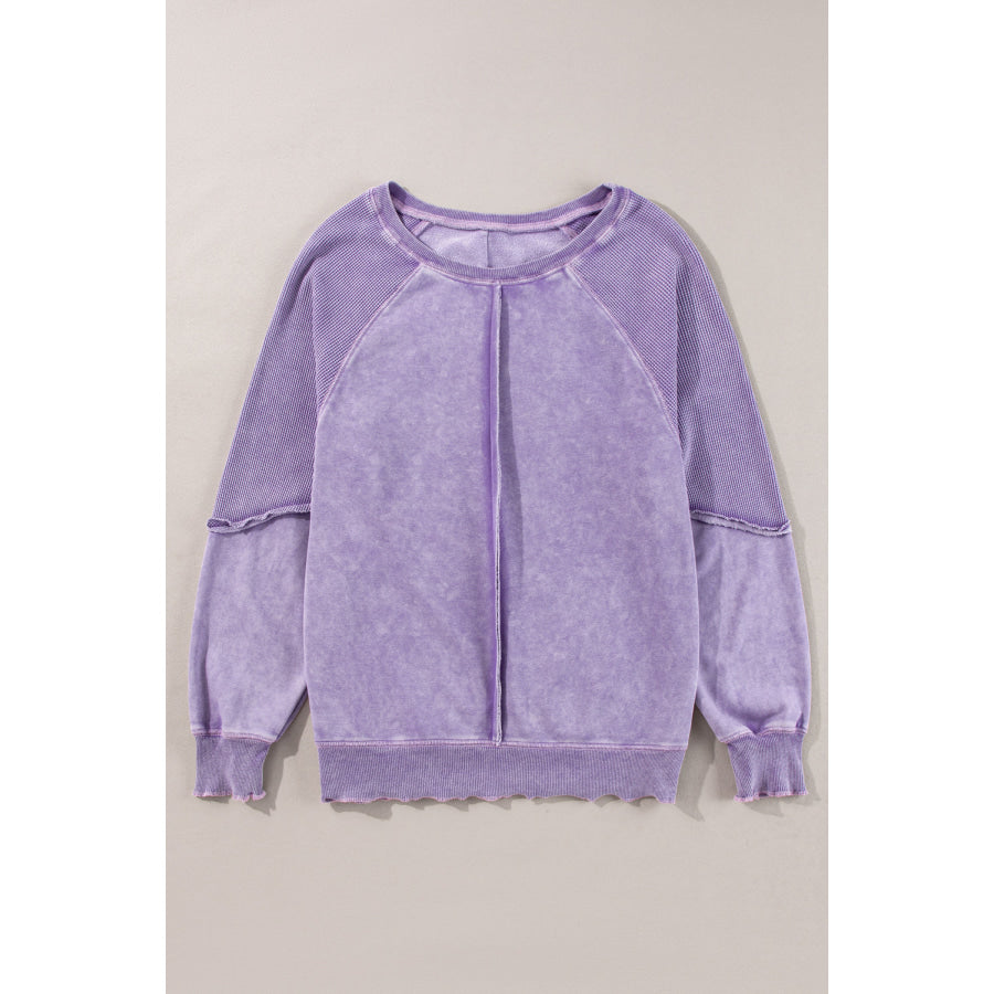 Mineral Blue Solid Waffle Knit Patchwork Raglan Sleeve Sweatshirt Tops/Sweatshirts &amp; Hoodies