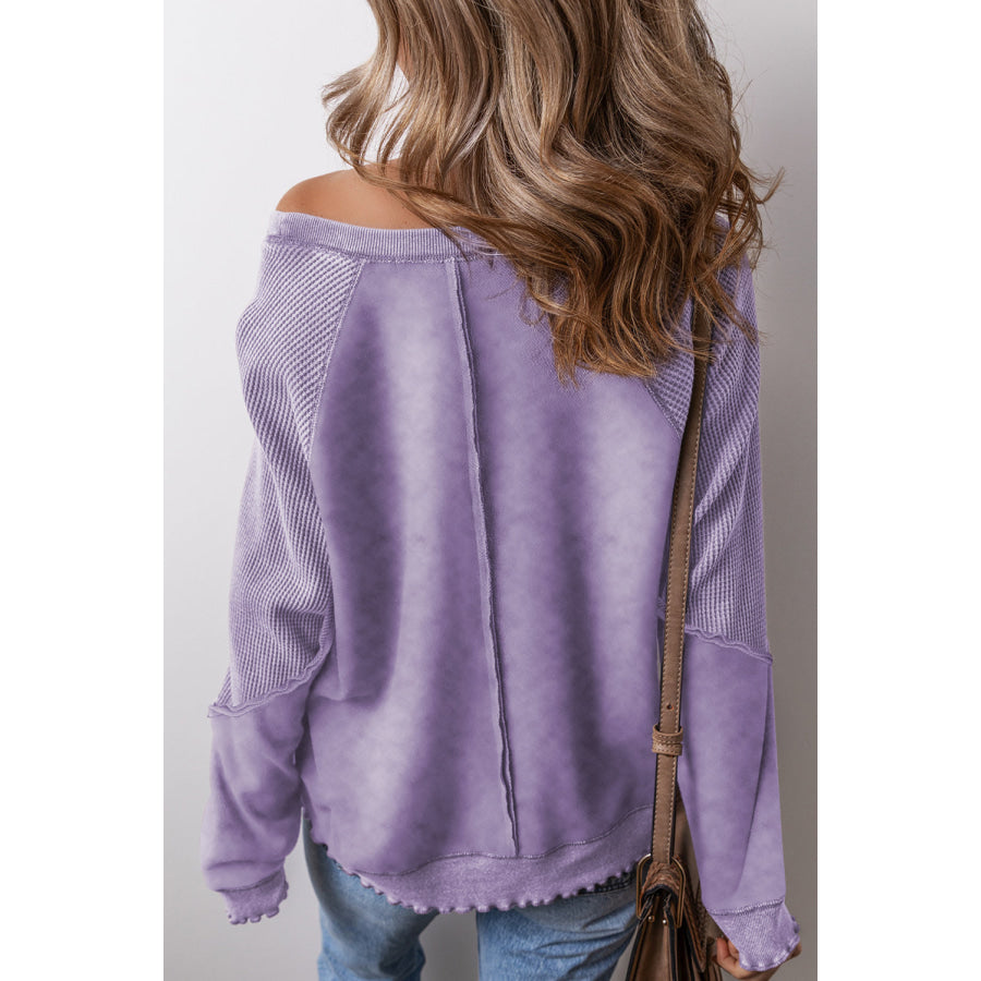 Mineral Blue Solid Waffle Knit Patchwork Raglan Sleeve Sweatshirt Tops/Sweatshirts &amp; Hoodies