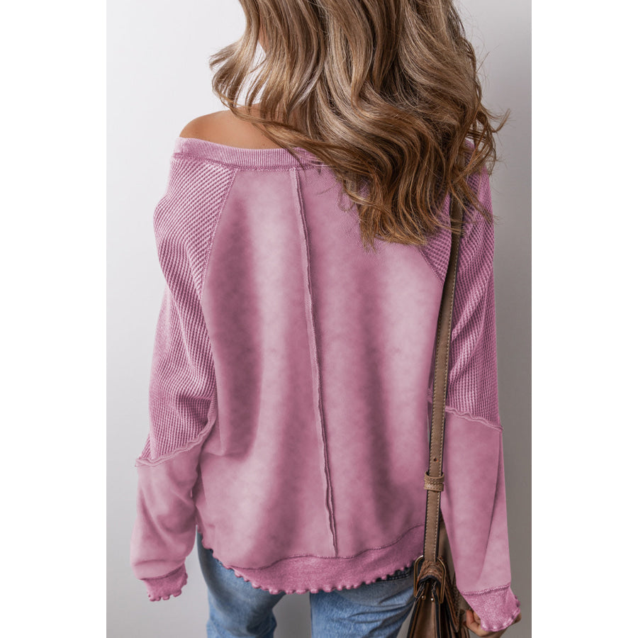 Mineral Blue Solid Waffle Knit Patchwork Raglan Sleeve Sweatshirt Tops/Sweatshirts &amp; Hoodies