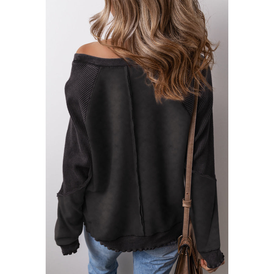 Mineral Blue Solid Waffle Knit Patchwork Raglan Sleeve Sweatshirt Tops/Sweatshirts &amp; Hoodies