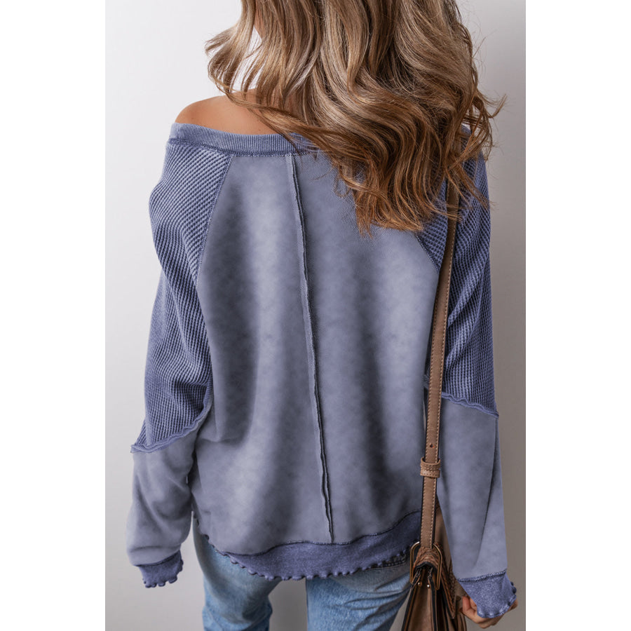 Mineral Blue Solid Waffle Knit Patchwork Raglan Sleeve Sweatshirt Tops/Sweatshirts &amp; Hoodies