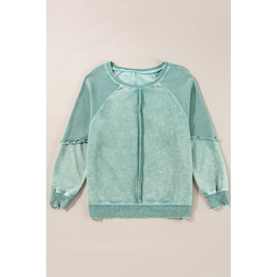 Mineral Blue Solid Waffle Knit Patchwork Raglan Sleeve Sweatshirt Tops/Sweatshirts &amp; Hoodies