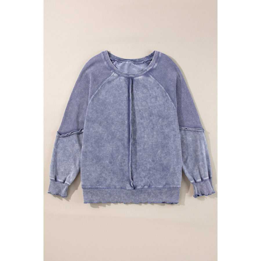 Mineral Blue Solid Waffle Knit Patchwork Raglan Sleeve Sweatshirt Tops/Sweatshirts &amp; Hoodies