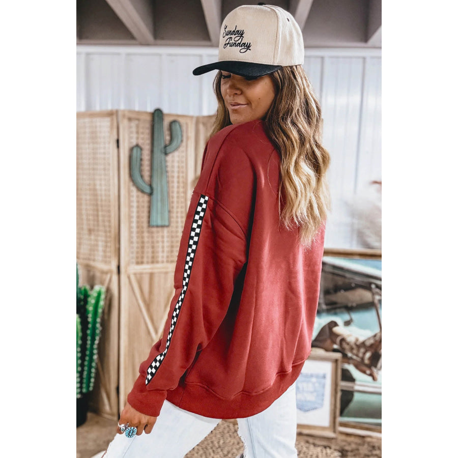 Mineral Red Checkered Trim Long Sleeve Round Neck Shift Sweatshirt Tops/Sweatshirts & Hoodies