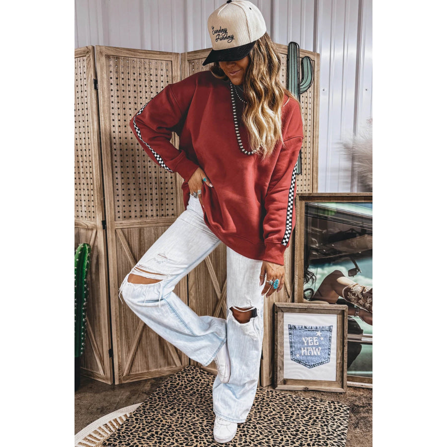 Mineral Red Checkered Trim Long Sleeve Round Neck Shift Sweatshirt Tops/Sweatshirts & Hoodies