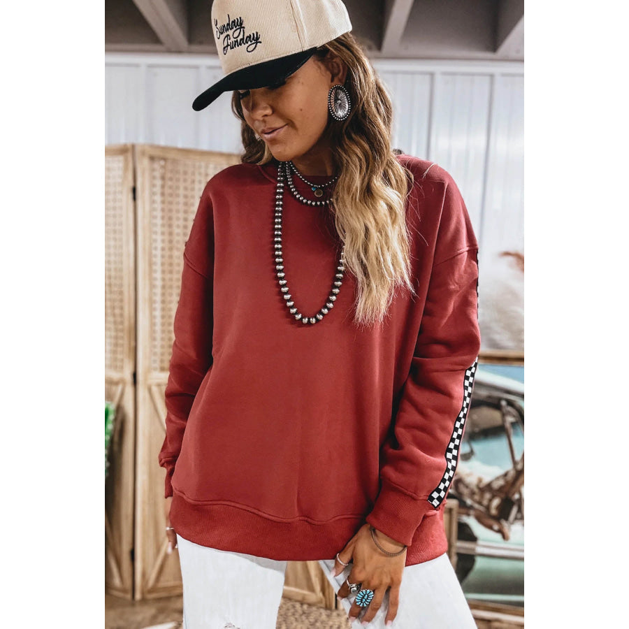 Mineral Red Checkered Trim Long Sleeve Round Neck Shift Sweatshirt Tops/Sweatshirts & Hoodies