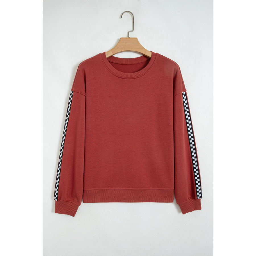 Mineral Red Checkered Trim Long Sleeve Round Neck Shift Sweatshirt Tops/Sweatshirts & Hoodies