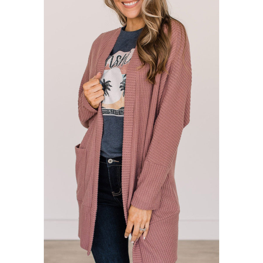 Mineral Red Solid Color Waffle Knit Cardigan with Pocket Mineral Red / S / 67% Polyester + 30% Viscose + 3% Elastane Sweaters &