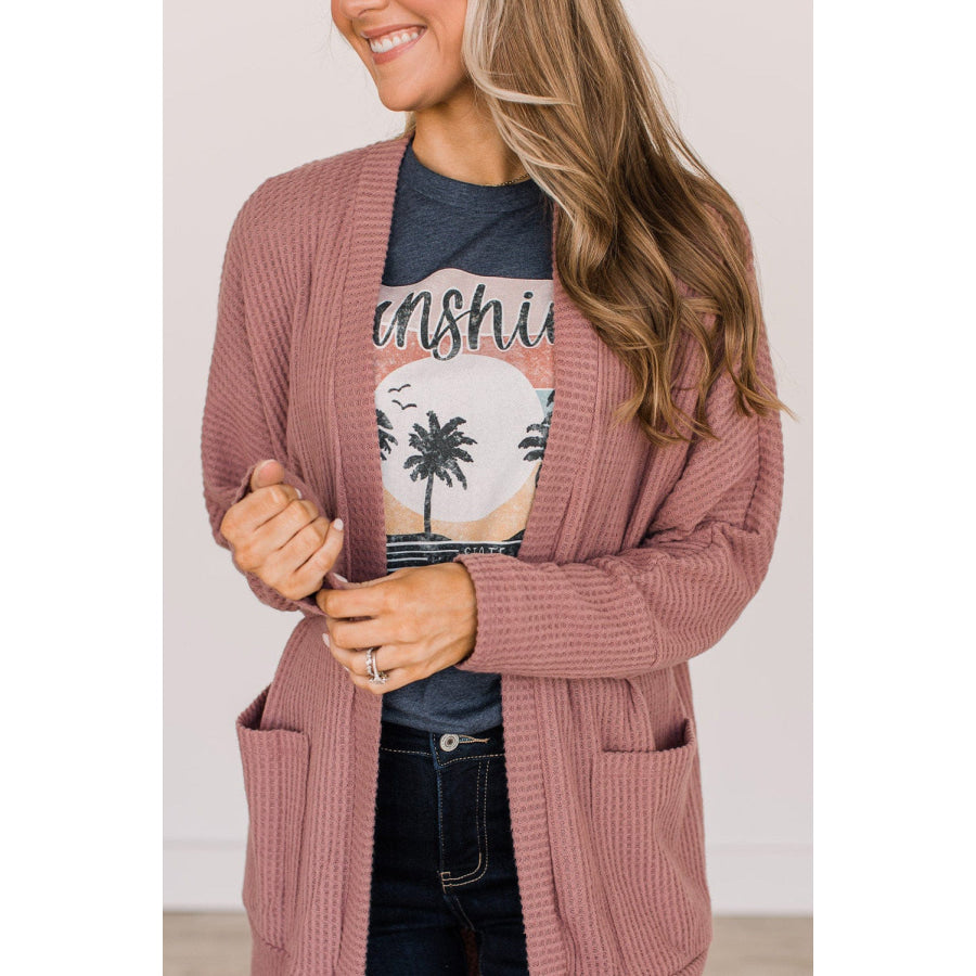 Mineral Red Solid Color Waffle Knit Cardigan with Pocket Sweaters & Cardigans/Cardigans