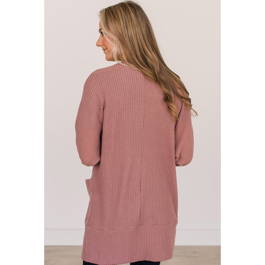 Mineral Red Solid Color Waffle Knit Cardigan with Pocket Sweaters & Cardigans/Cardigans