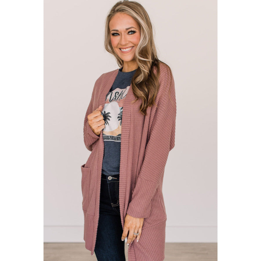 Mineral Red Solid Color Waffle Knit Cardigan with Pocket Sweaters & Cardigans/Cardigans