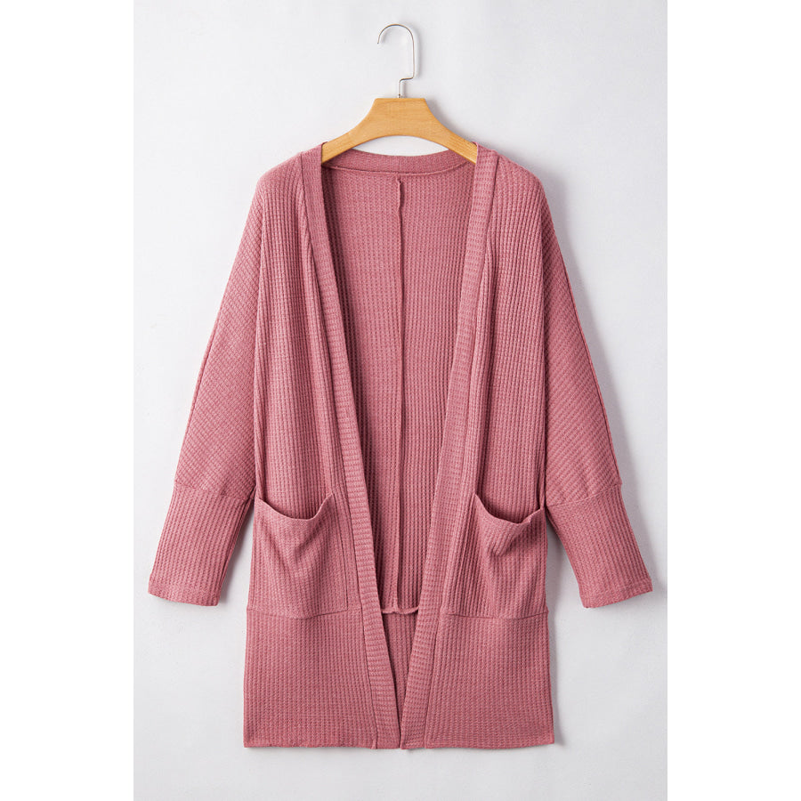 Mineral Red Solid Color Waffle Knit Cardigan with Pocket Sweaters & Cardigans/Cardigans