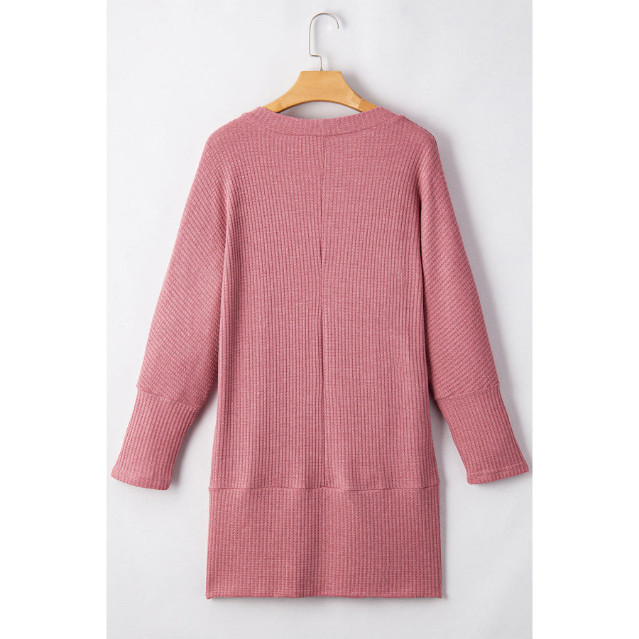 Mineral Red Solid Color Waffle Knit Cardigan with Pocket Sweaters & Cardigans/Cardigans