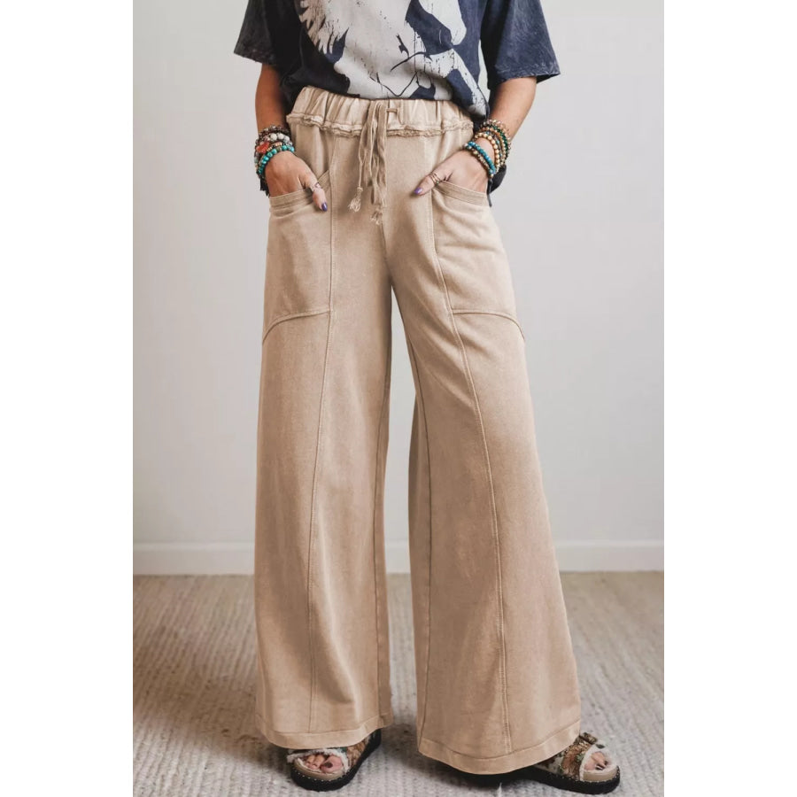 Mineral Wash Drawstring Retro High Waist Wide Leg Western Pants Apparel and Accessories