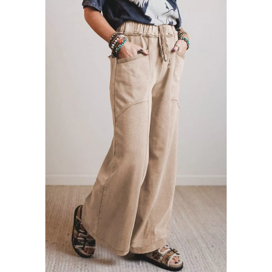 Mineral Wash Drawstring Retro High Waist Wide Leg Western Pants Apparel and Accessories