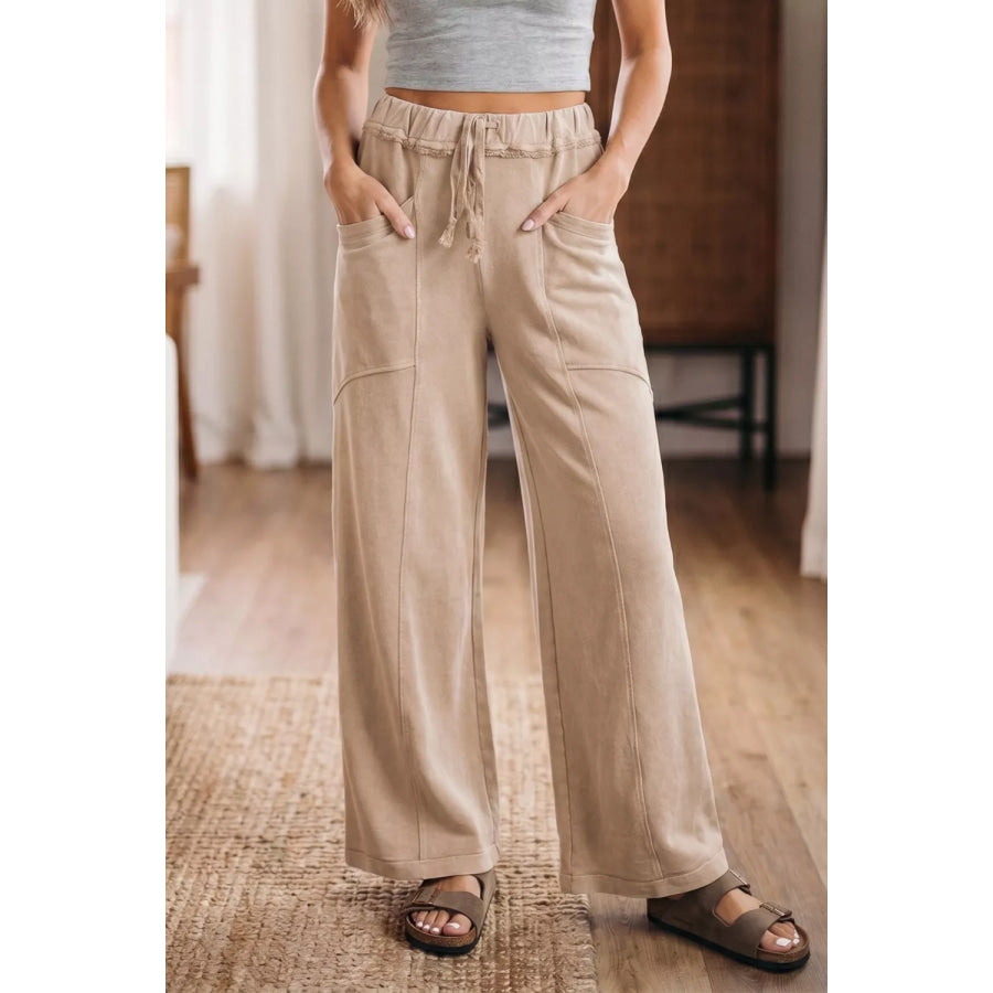 Mineral Wash Drawstring Retro High Waist Wide Leg Western Pants Khaki / S Apparel and Accessories