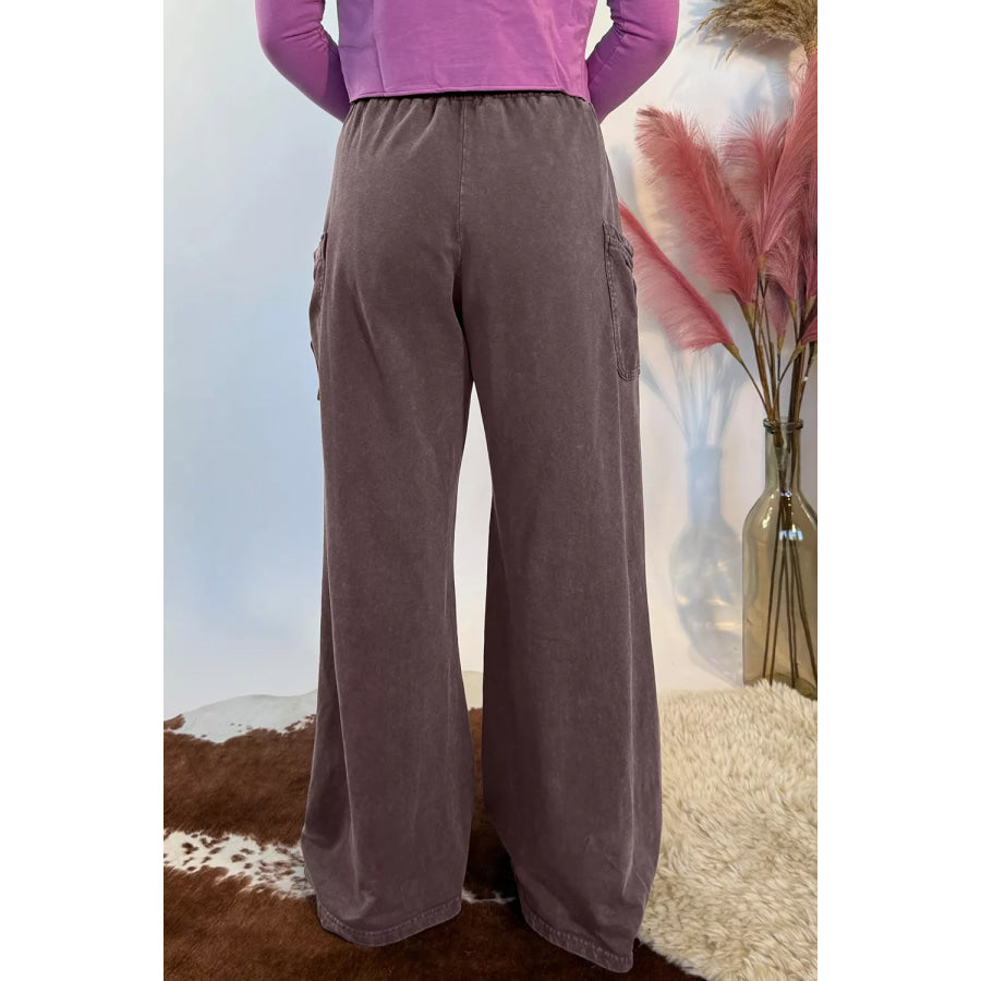 Mineral Wash Elastic Waist Drawstring Tie Detail Cargo Pants Apparel and Accessories