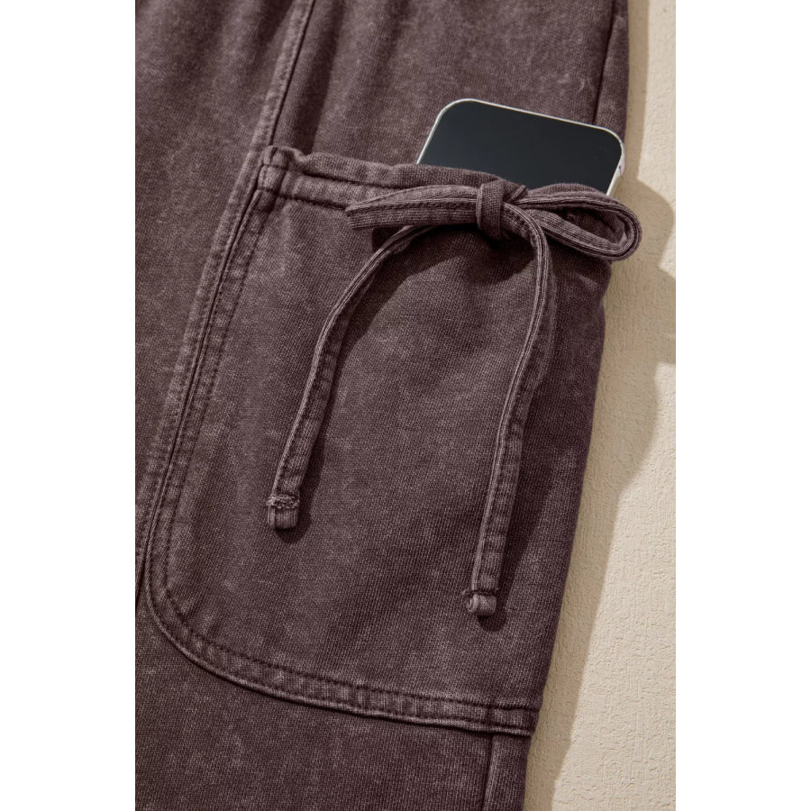 Mineral Wash Elastic Waist Drawstring Tie Detail Cargo Pants Apparel and Accessories