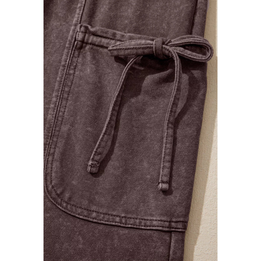 Mineral Wash Elastic Waist Drawstring Tie Detail Cargo Pants Apparel and Accessories