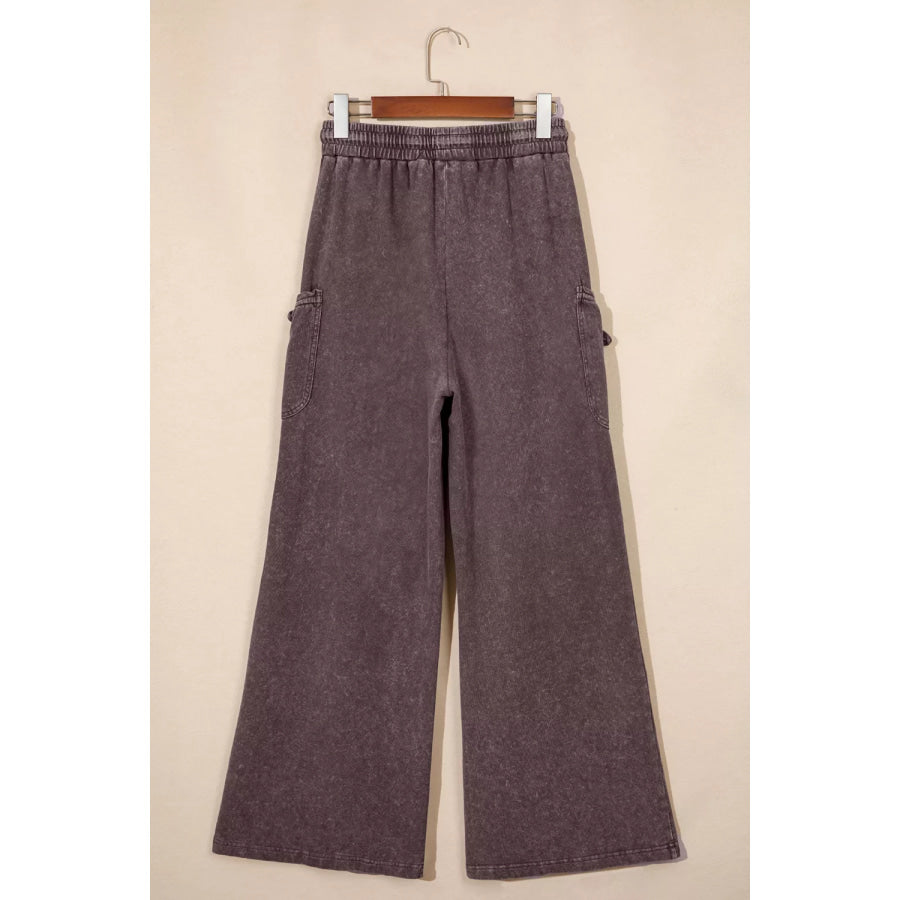Mineral Wash Elastic Waist Drawstring Tie Detail Cargo Pants Apparel and Accessories