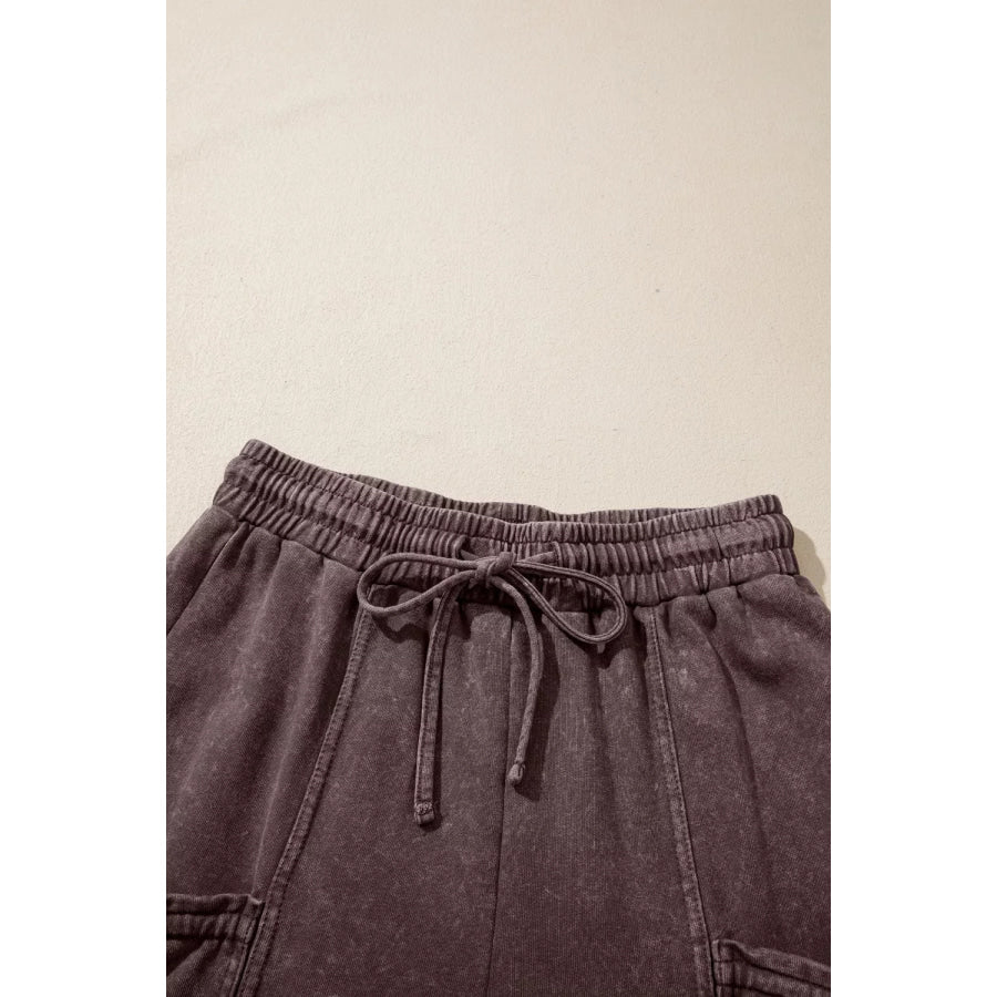 Mineral Wash Elastic Waist Drawstring Tie Detail Cargo Pants Apparel and Accessories