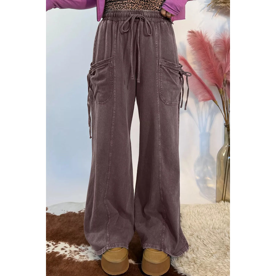 Mineral Wash Elastic Waist Drawstring Tie Detail Cargo Pants Apparel and Accessories