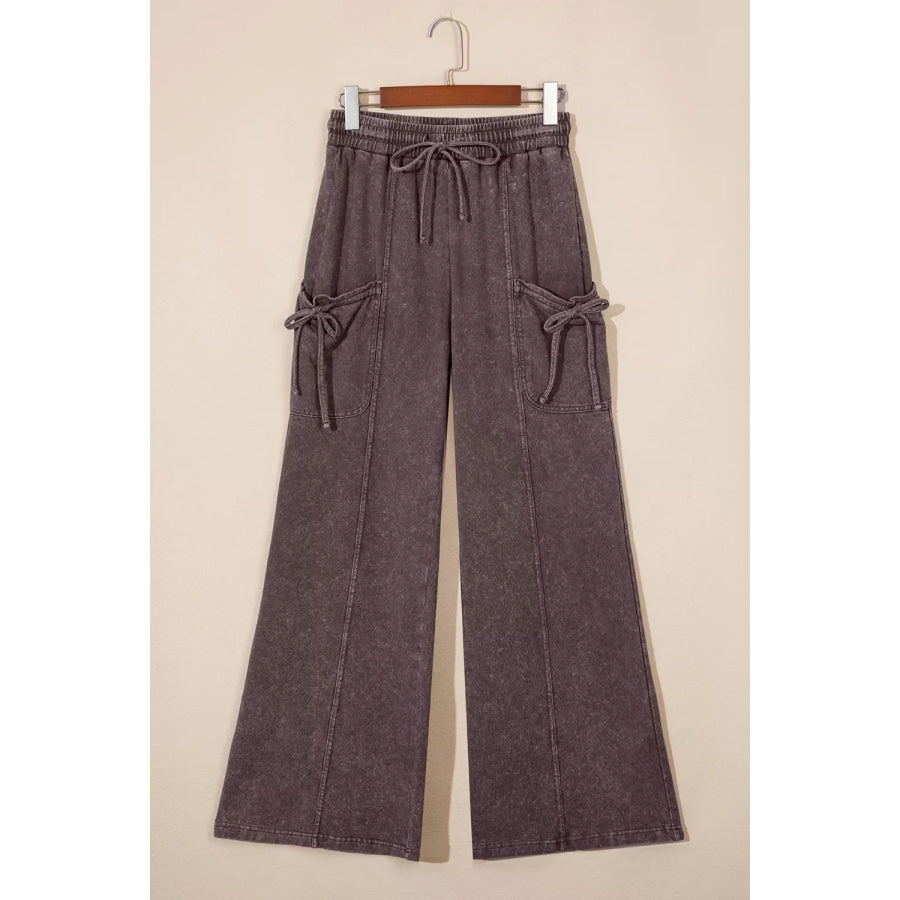 Mineral Wash Elastic Waist Drawstring Tie Detail Cargo Pants Dark Brown / S Apparel and Accessories