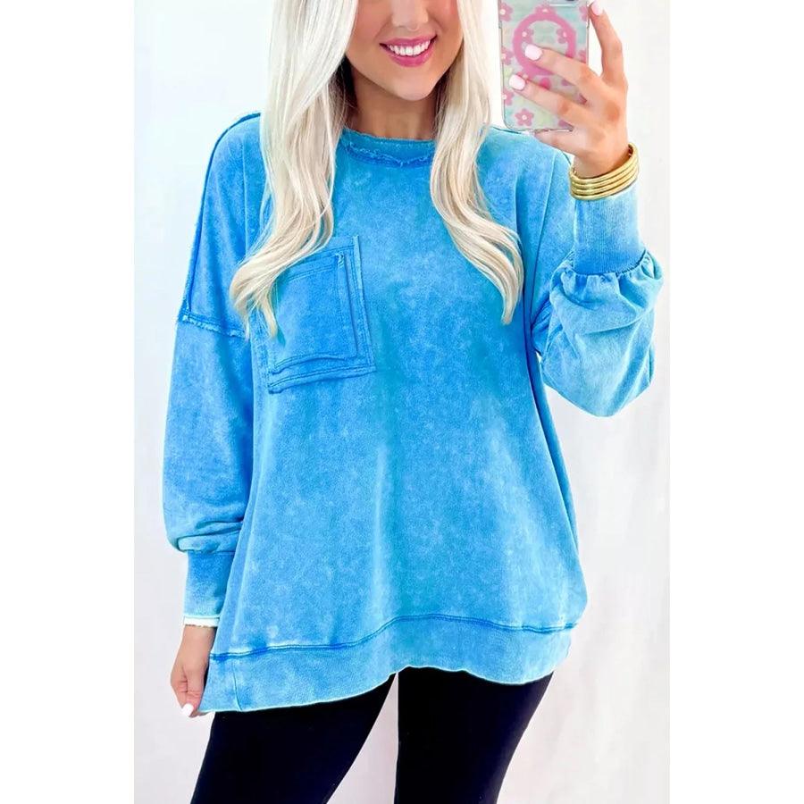 Mineral Wash Oversized Sweatshirt with Chest Pocket Sky Blue / S Apparel and Accessories