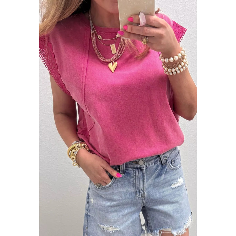 Mineral Wash Raw Seam Detail Lace Trim Cap Sleeve Top Apparel and Accessories
