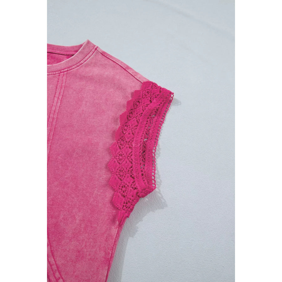 Mineral Wash Raw Seam Detail Lace Trim Cap Sleeve Top Apparel and Accessories