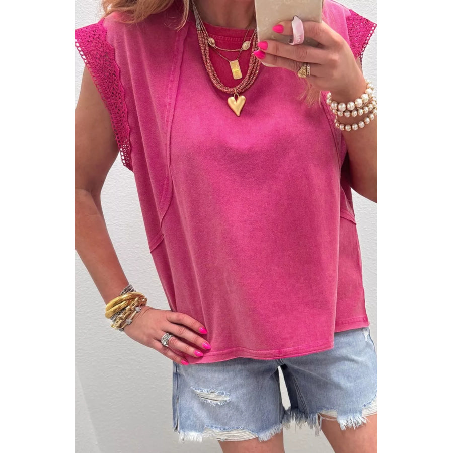 Mineral Wash Raw Seam Detail Lace Trim Cap Sleeve Top Apparel and Accessories