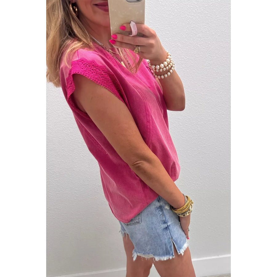 Mineral Wash Raw Seam Detail Lace Trim Cap Sleeve Top Apparel and Accessories