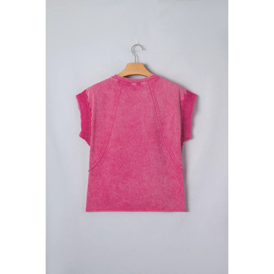 Mineral Wash Raw Seam Detail Lace Trim Cap Sleeve Top Apparel and Accessories