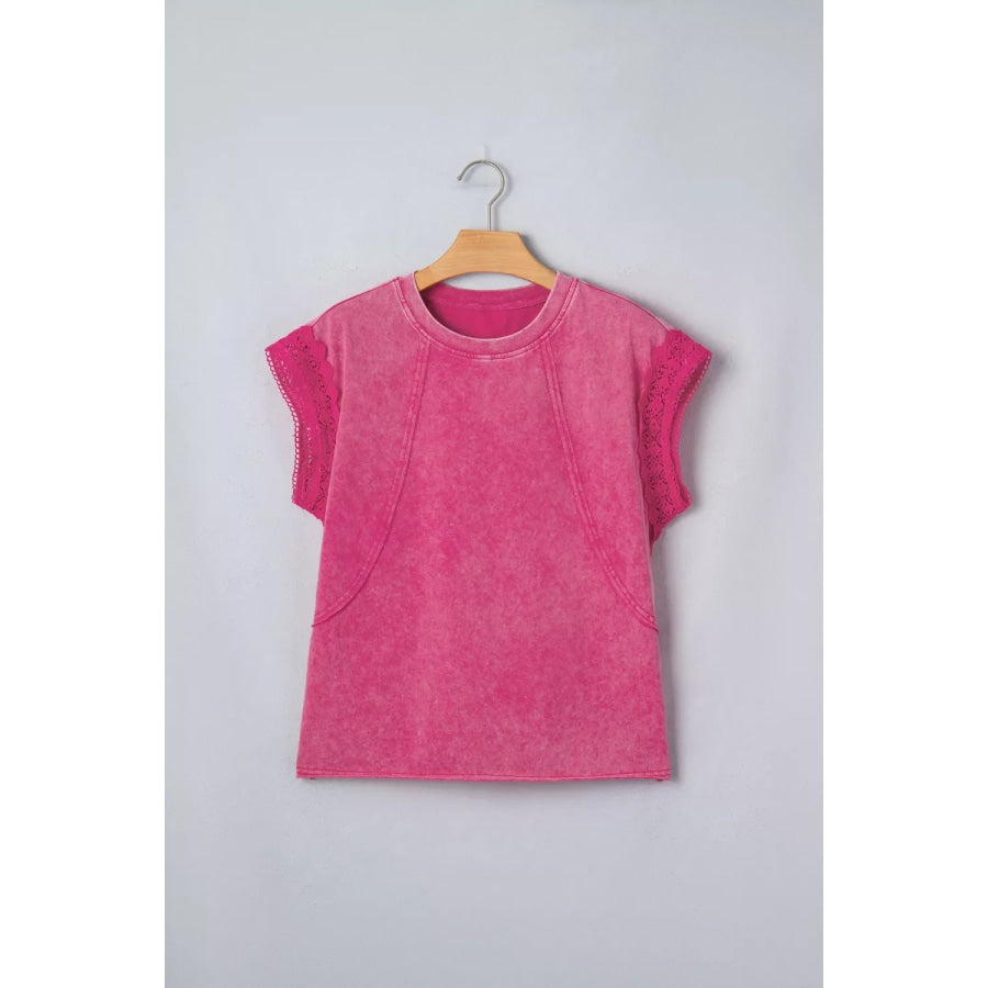 Mineral Wash Raw Seam Detail Lace Trim Cap Sleeve Top Apparel and Accessories