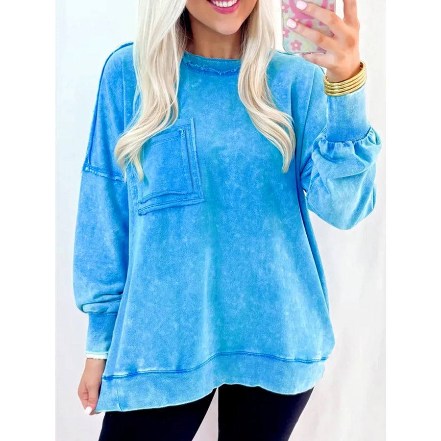 Mineral Wash Raw Seam Double Patched Pocket Sweatshirt Sky Blue / S Apparel and Accessories