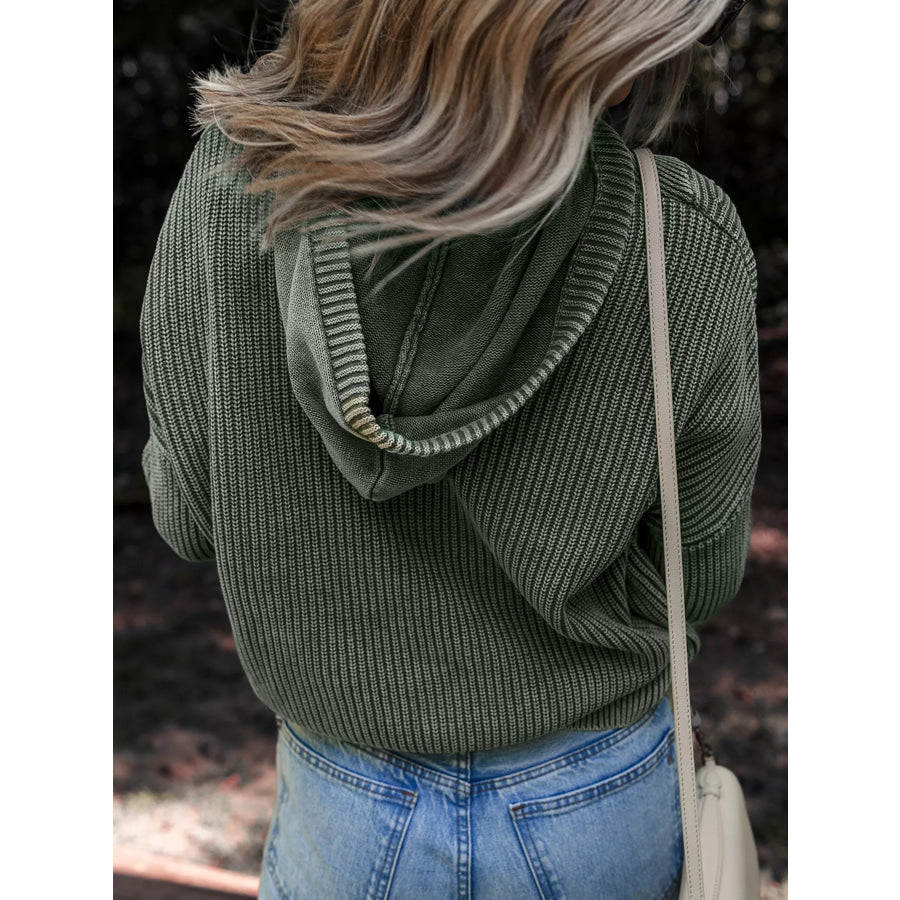 Mineral Wash Ribbed Knit Button Drawstring Neck Hooded Sweater Apparel and Accessories