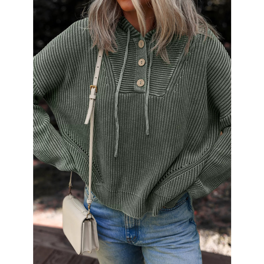 Mineral Wash Ribbed Knit Button Drawstring Neck Hooded Sweater Apparel and Accessories