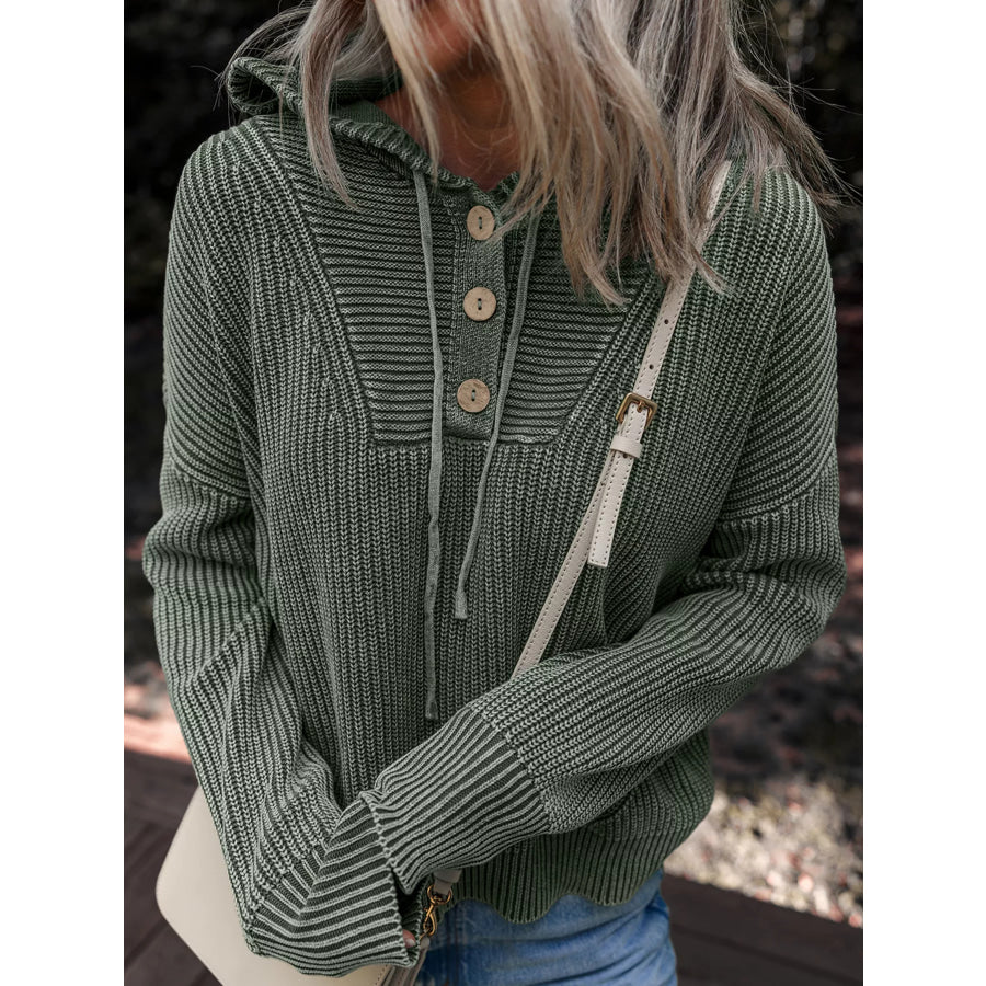 Mineral Wash Ribbed Knit Button Drawstring Neck Hooded Sweater Apparel and Accessories