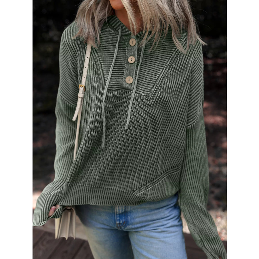 Mineral Wash Ribbed Knit Button Drawstring Neck Hooded Sweater Army Green / S Apparel and Accessories