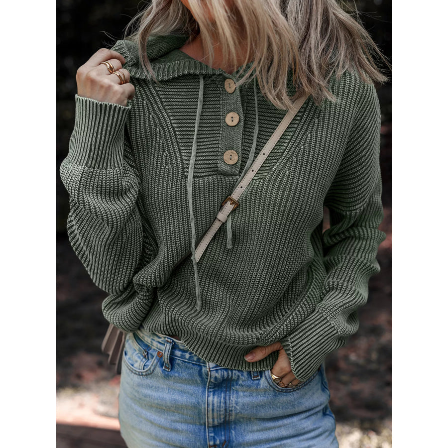 Mineral Wash Ribbed Knit Button Drawstring Neck Hooded Sweater Apparel and Accessories