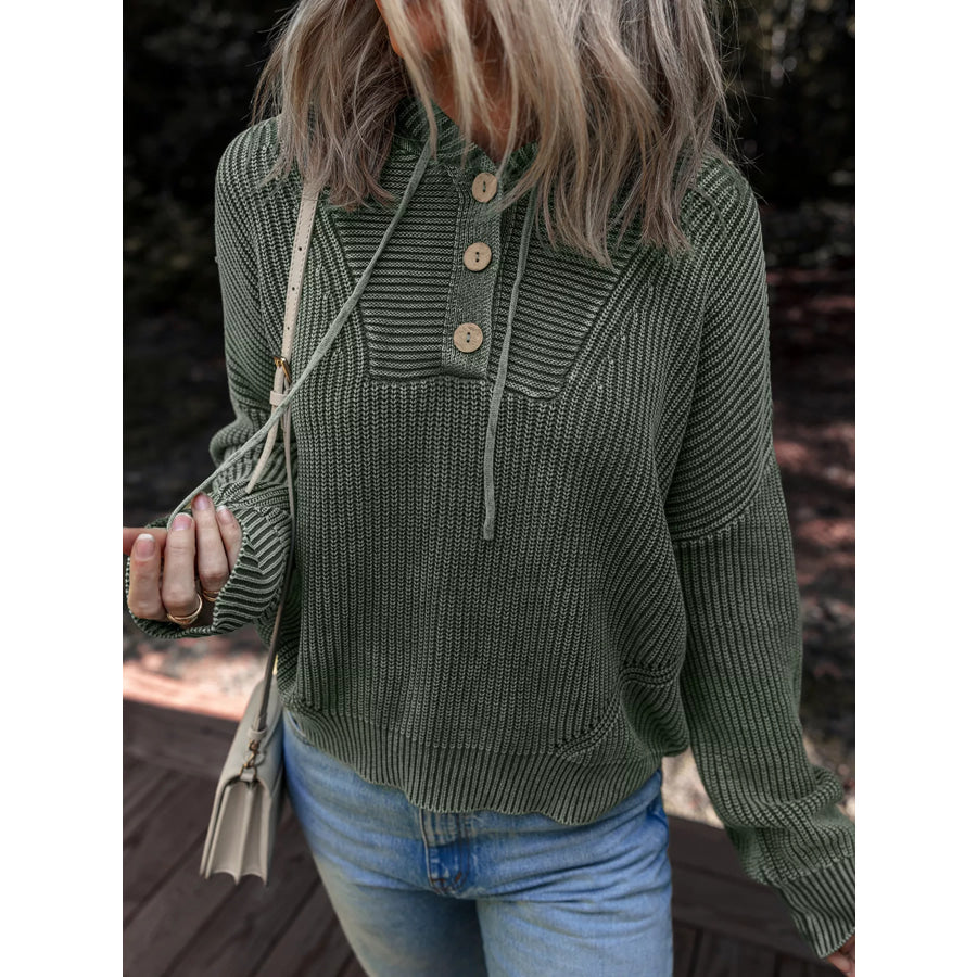 Mineral Wash Ribbed Knit Button Drawstring Neck Hooded Sweater Army Green / S Apparel and Accessories